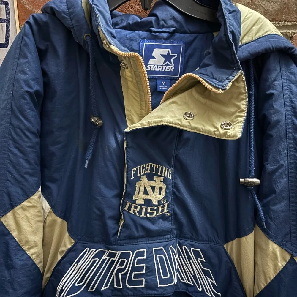 Vintage Notre Dame Fighting Irish Jacket Mens Medium Blue NCAA Starter 90s *FLAW